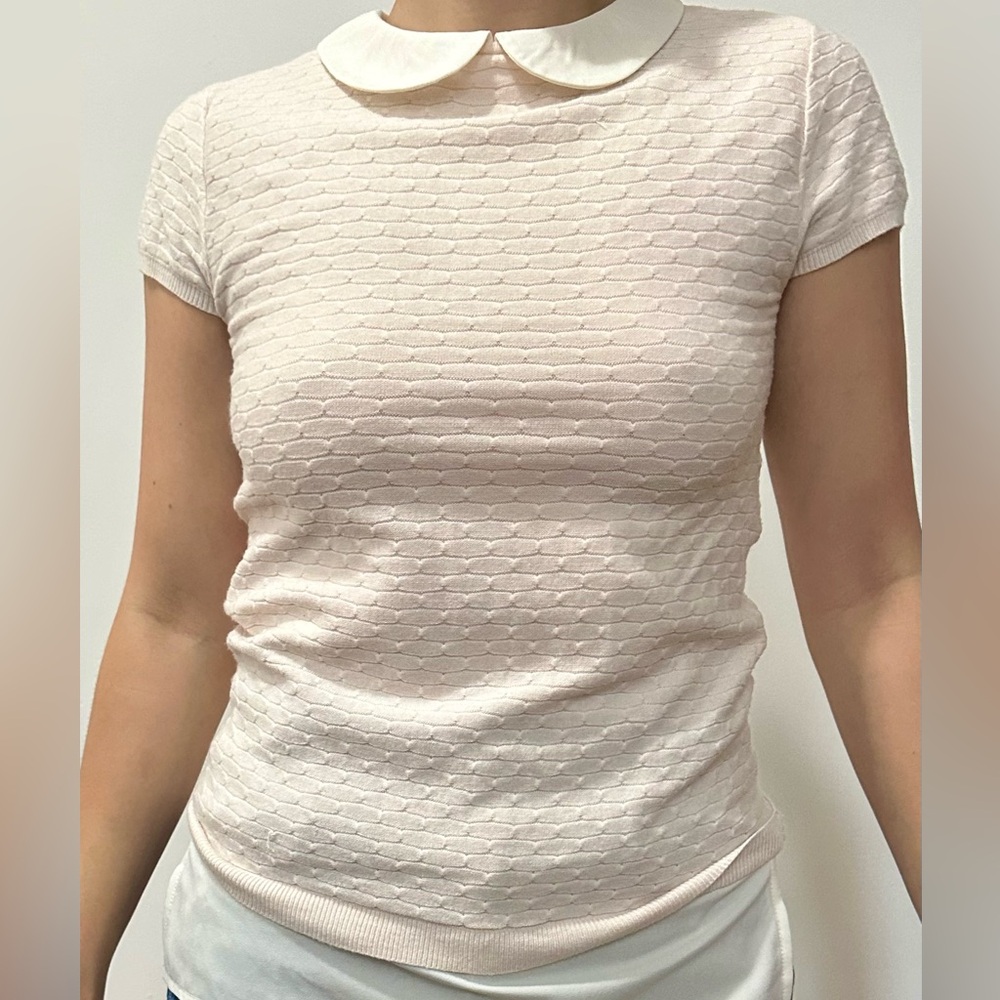 adorable layered pink cap sleeve sweater top with white peter pan color!